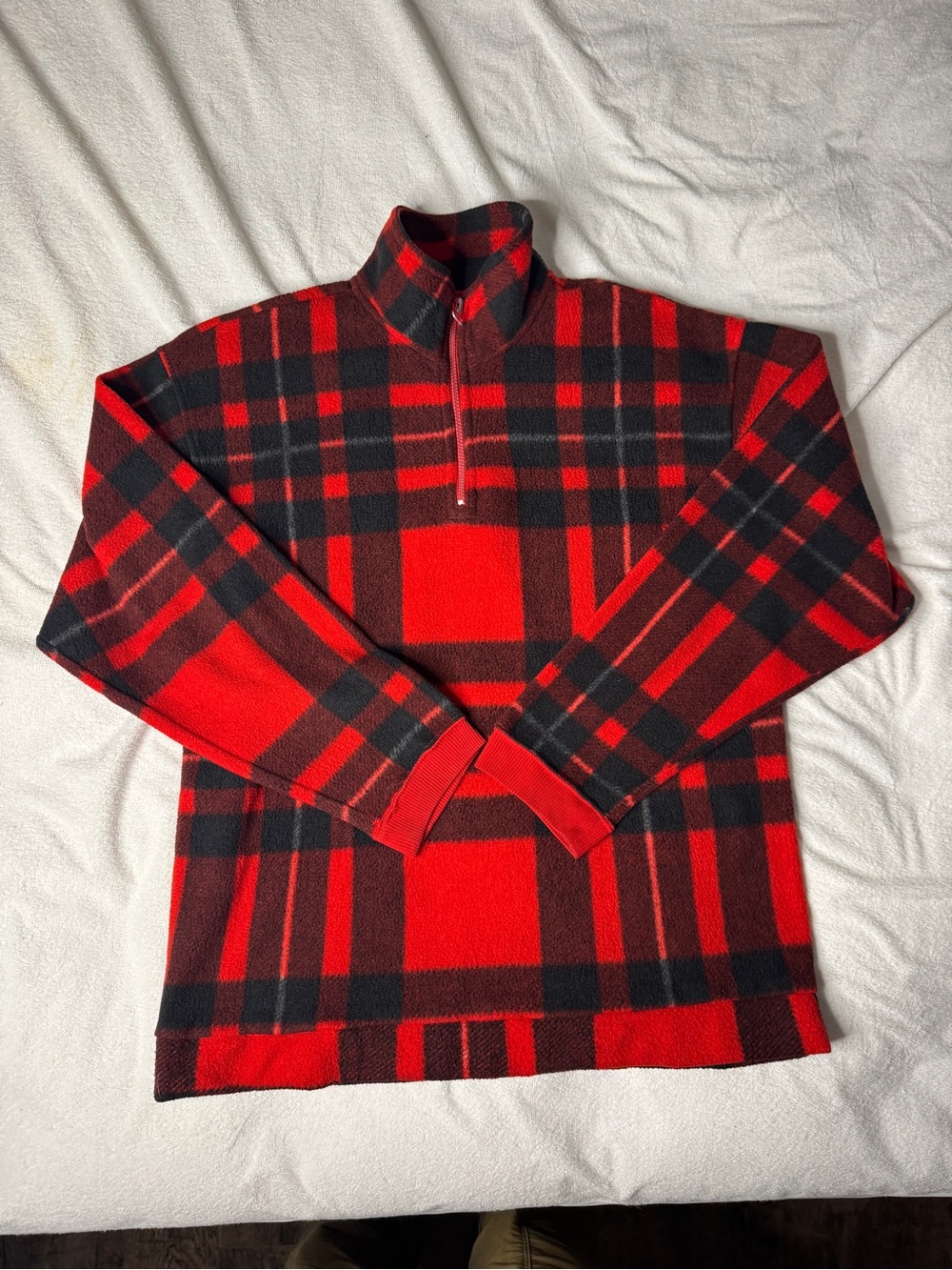 Vintage Retro 1990s Bugle Boy Company Men's M Red Plaid Fleece 1/4 Zip Pullover
